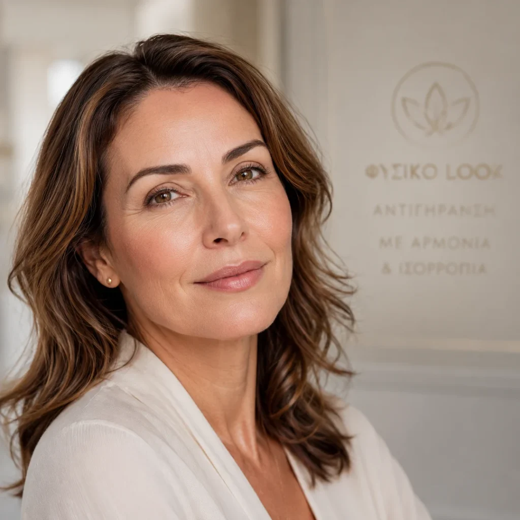 Γυναίκα με φυσικό look και λαμπερό δέρμα μετά από θεραπείες φυσικής αντιγήρανσης